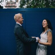 Happy, laughing couple at wedding in London