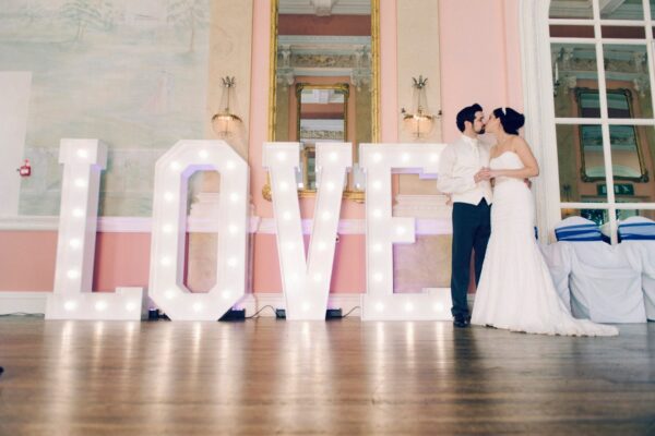 Wedding DJ and LED light up letters provided by Mighty Fine Events at Danesfield House, Buckinghamshire luxury wedding venue