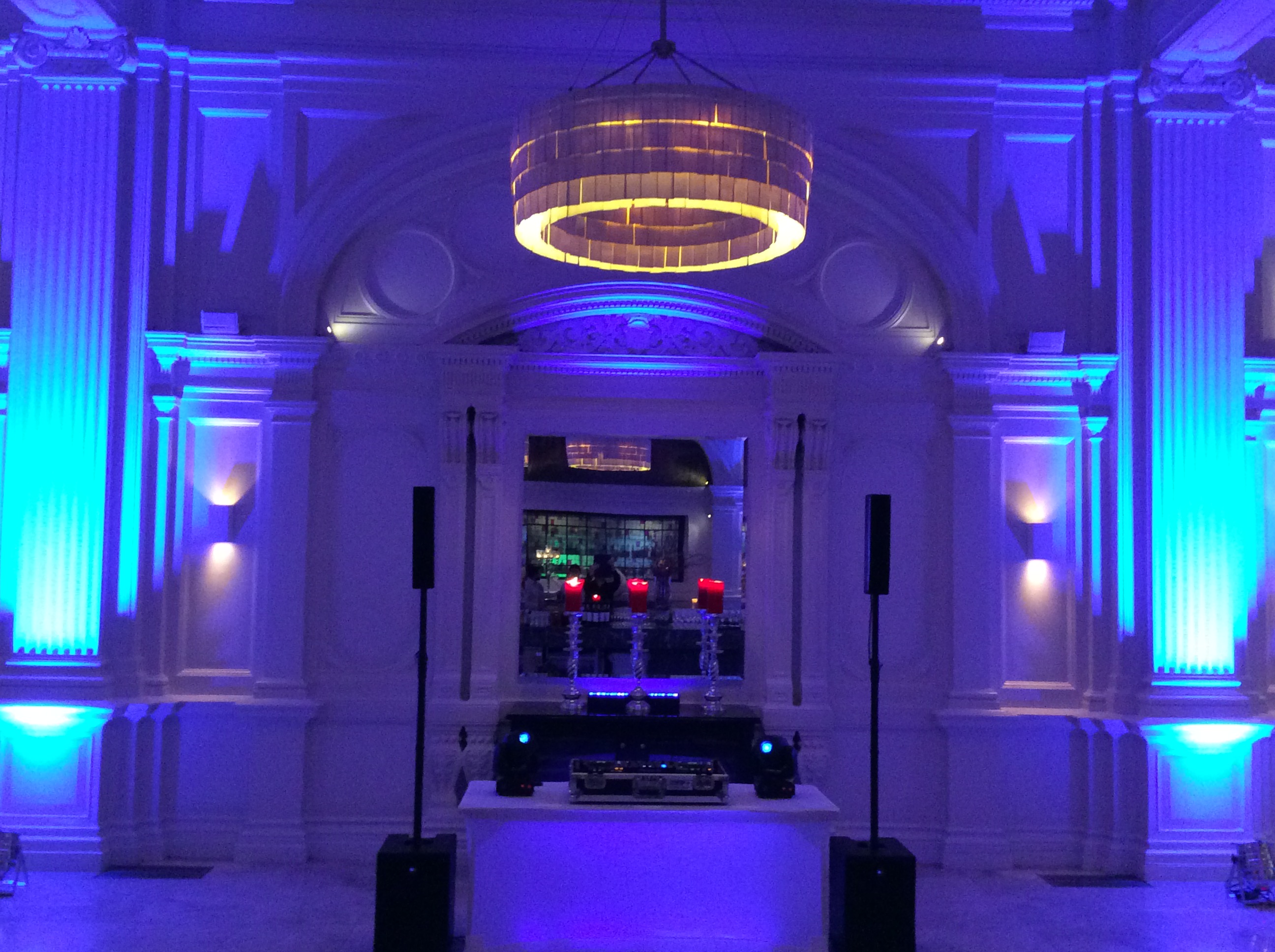Cool blue London corporate event DJ set up