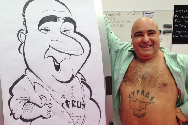 BGT contestant poses next to a caricature of himself by George G Williams