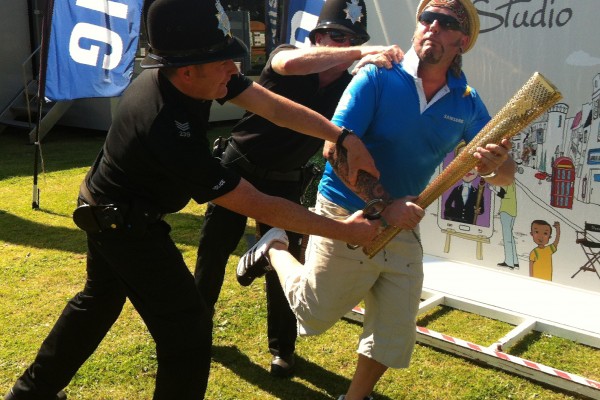 George G Williams runs away from Police in a comedy moment from a Samsung Event