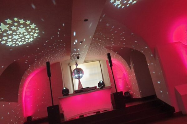 Wedding DJ booth setup and mirror ball at Queen's House in Greenwich, London