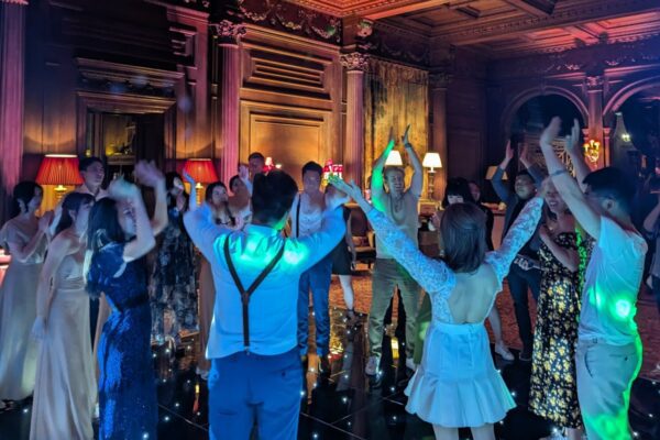 Wedding DJ and black LED dance floor at Cliveden House luxury Berkshire wedding venue 
