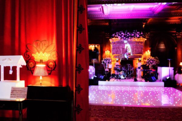 Wedding DJ and live bands for Cliveden House, Berkshire - stage and DJ setup plus white dance floor