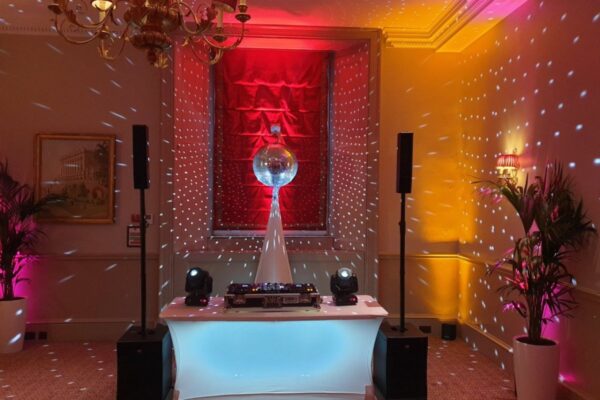 Wedding DJ at Cliveden House, Berkshire - DJ setup with mirror ball