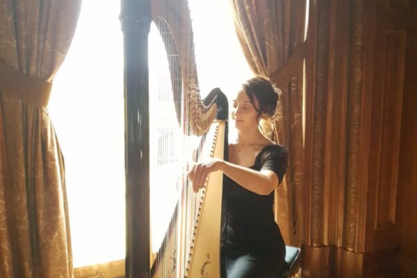Wedding DJ at Cliveden House, Berkshire - harpist playing to wedding guests