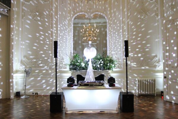 Wedding DJ at luxury London wedding venue 10-11 Carlton House Terrace - White DJ booth with mirror ball