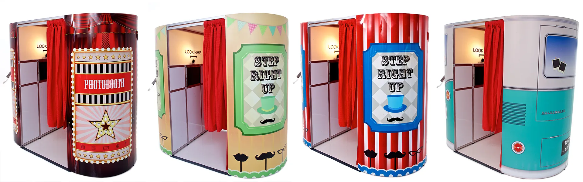 Four colourful photo booths are lined up side by side, each featuring a unique circus or retro theme, red curtains, and decorative signage inviting users to Step Right Up and enjoy a charming photo booth experience.